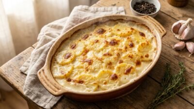 Gratin dauphinois traditionnel doré et fondant dans un plat en céramique, entouré d'ail et de thym
